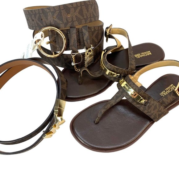 Size 6 Shoes 37" Belts Med MK Brown Monogram logo print gold-tone Bundle Set - Picture 1 of 7
